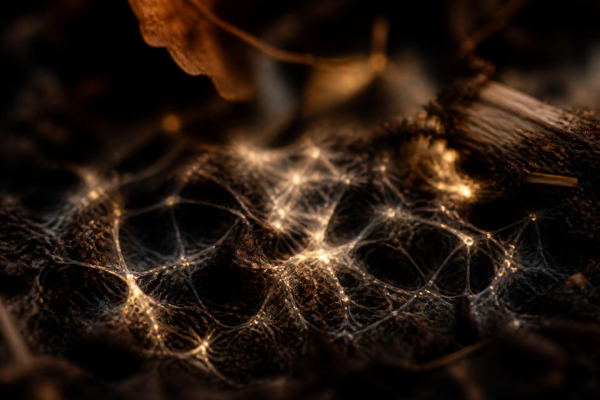 Filamentos de micelio iluminados sobre el suelo de un bosque